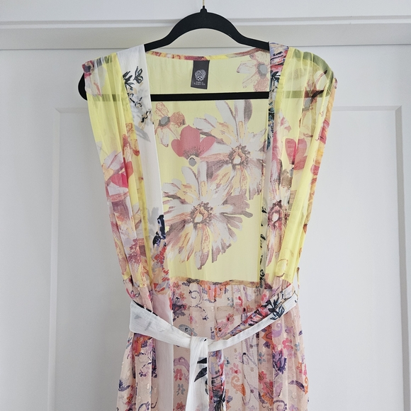 Vince Camuto Sheer Floral Midi Dress w/ Belt - Yellow Pink Watercolor - Coverup - Picture 2 of 5